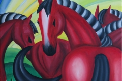 4Pferde - rot 2014 70x70, Oel auf Leinwand