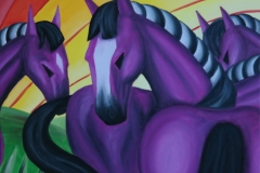 4Pferde-violett 2014 70x70, Oel auf Leinwand
